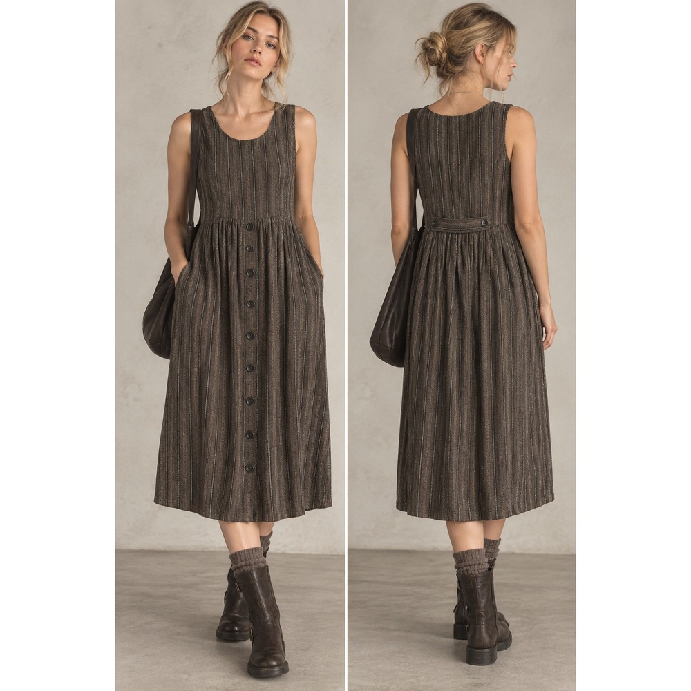 Amy Rigg Clothing Sleeveless Midi Dress S Brown Wool Pinstripe Earthy Prairie